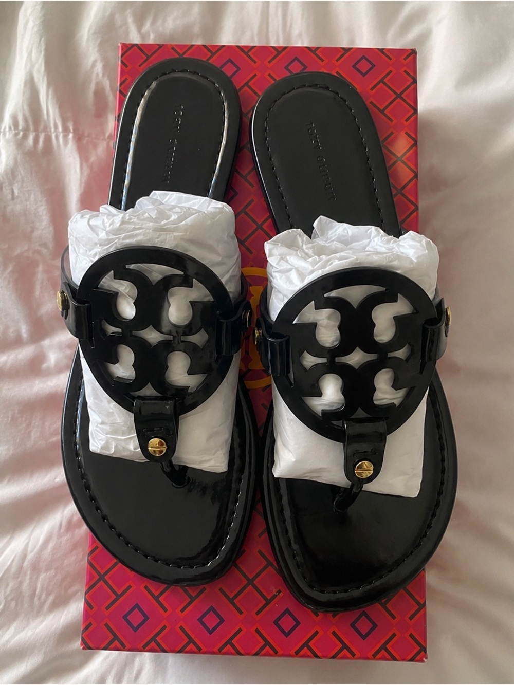 Tory Burch Patent Black Miller Logo Thong Sandals